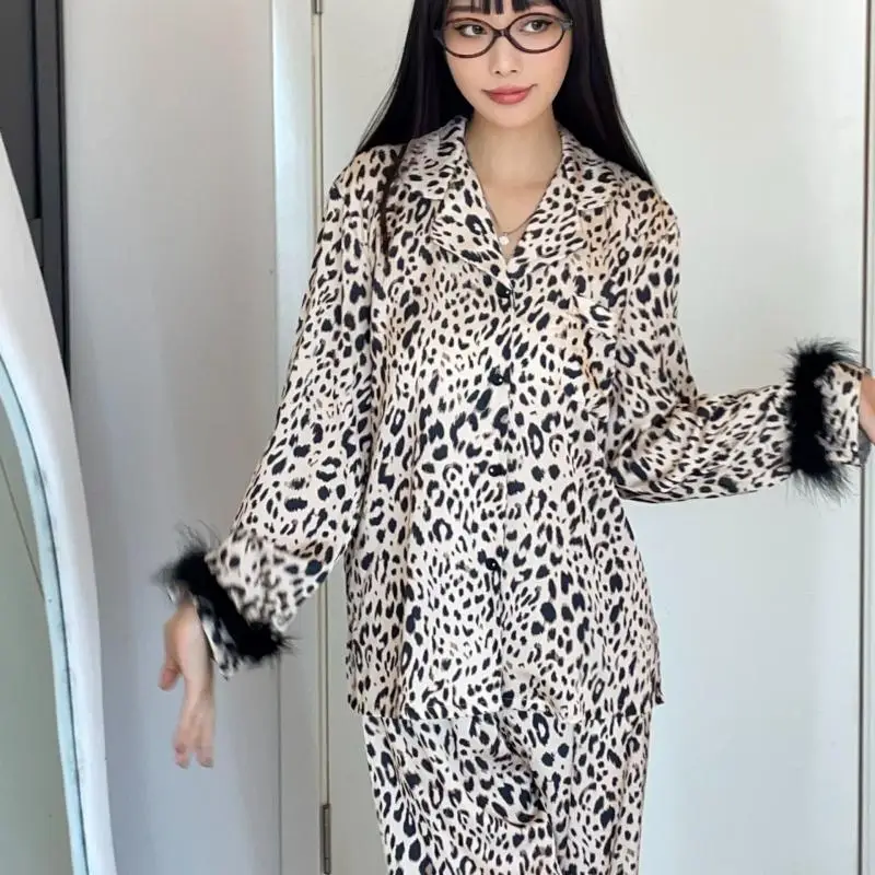 Fashion Leopard Father Patchwork Homewear Women Pajamas Suit Sexy Loungewear Autumn Spring New Nightwear Rayon Outfit Sleepwear