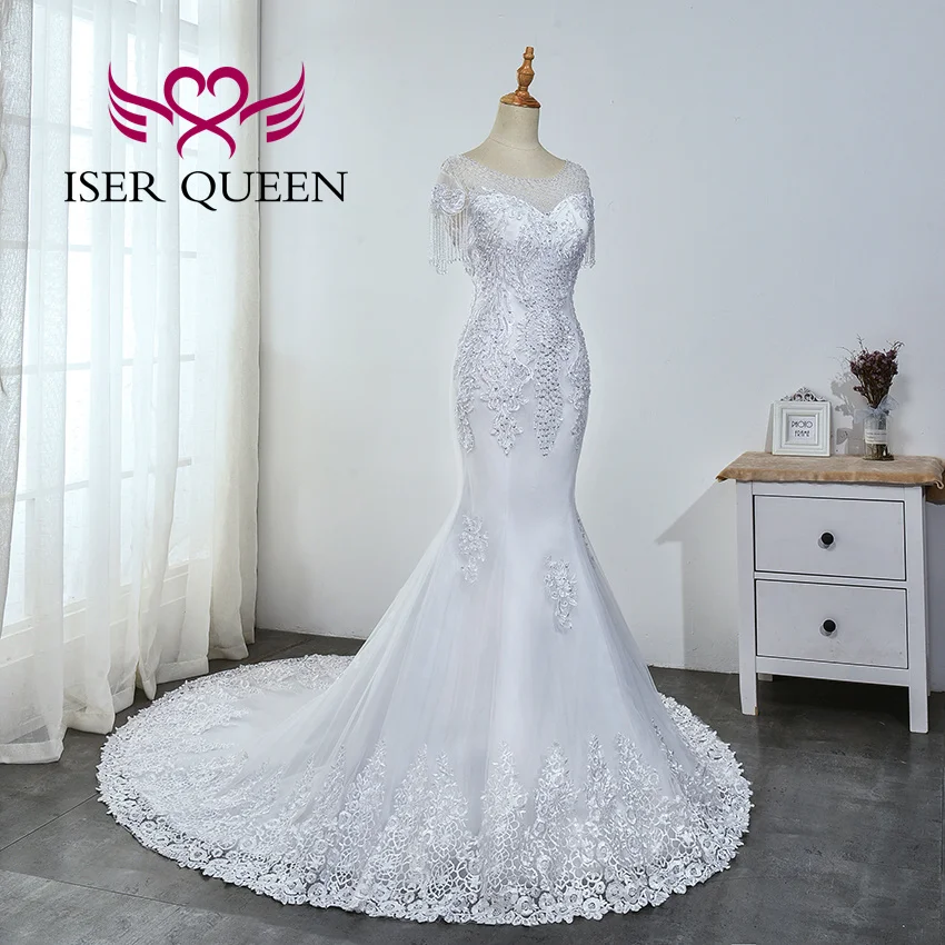 تخصيص قصيرة الديكور شرابة الأكمام أوروبا حورية البحر فساتين الزفاف قارب الرقبة الدانتيل يزين جودة فستان الزفاف WX0035