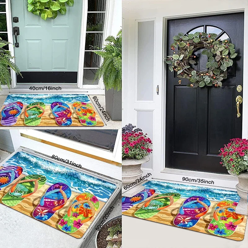 Beach Flip Flop Doormat - Vibrant Sunset and Palm Tree Pattern, Non-Slip Polyester Mat for Bathroom/Balcony Decoration