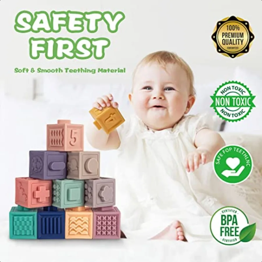 SpringFlower 3 in 1 Montori Toys for Babies 03612 Months Soft Baby Teething Stacking Building Blocks for Infants Sensory Develo