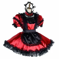 French Black Lace Trim Maid Uniforms with Apron High Neck Puff Short Sleeve Dress Lockable Satin Maid Lolita Cosplay Costumes