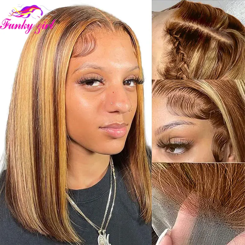 Highlight Bob Human Hair Wig 4/27 Ombre Brown Honey Blonde Short Bob Wig Lace Frontal Wig Human Hair Pre Plucked Remy Human Wigs