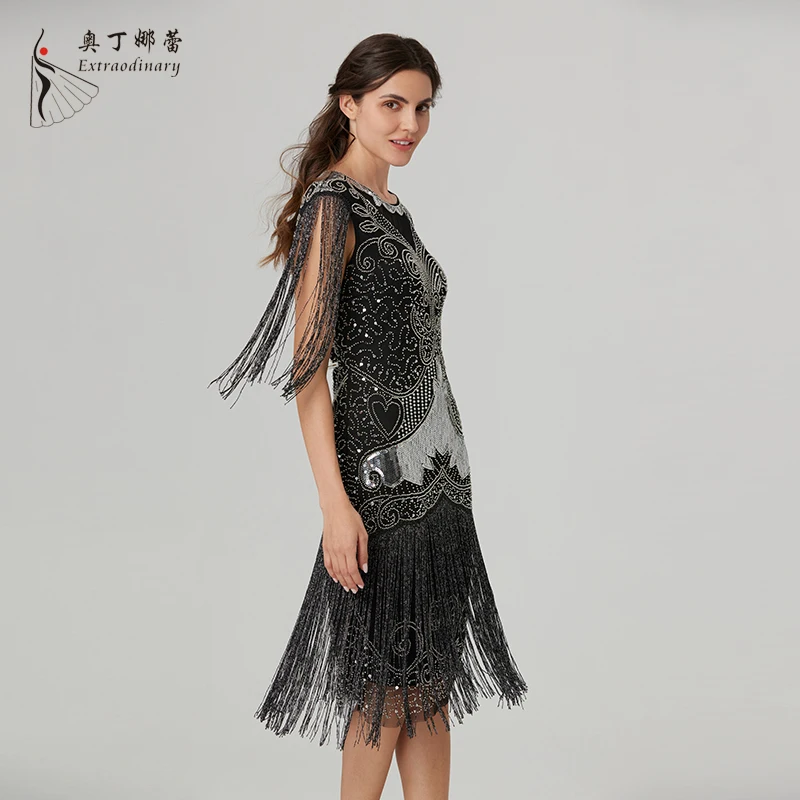 Women Sequins Dress 1920s Fringe Vestidos Vintage Great Gatsby Party Cocktail Dress V-Neck Sequin  Embroidery