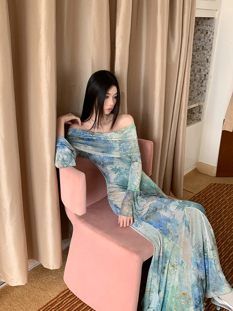 CHEERART Off The Shoulder Backless Tie Dye Long Mermaid Dress Women Mesh Long Sleeve Tunics Maxi Dress Party Evening Elegant