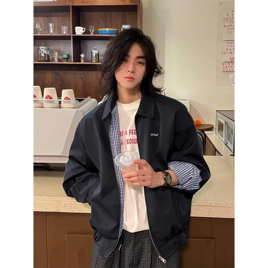 

Japanese Sle Loose Fit Zipper Baseball Jaet Men's Autumn Winter Outerwear Embroidered irt Collar Casual Faion