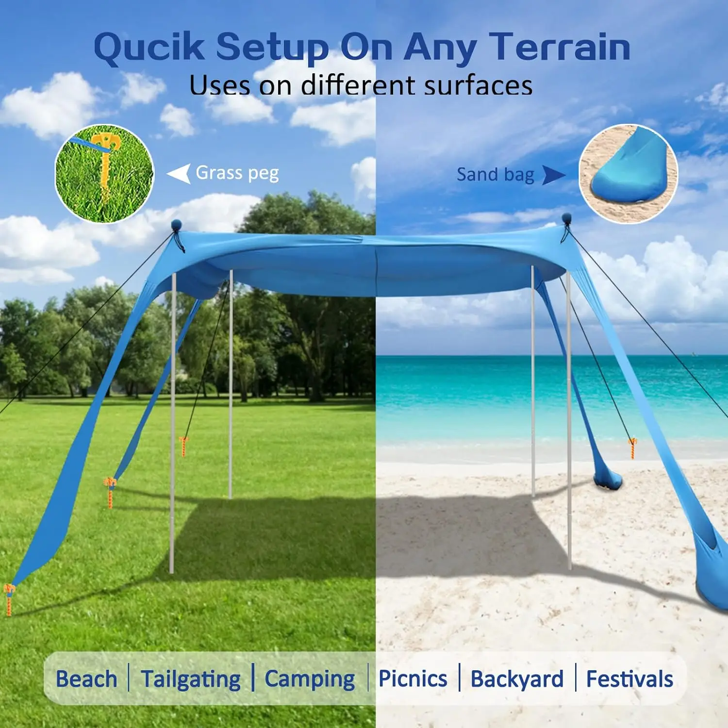 Dosel de playa, carpa de playa, fácil de configurar, cuerda Extra a prueba de viento, refugio solar, toldo de sombra de playa con 4 postes de estabilidad, sombra al aire libre