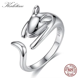 Kaletine 925 Sterling Silver Rings for Women Naughty Cut Mouse Finger Cute Long Tail Black CZ Eye DIY Jewelry Christmas Gifts