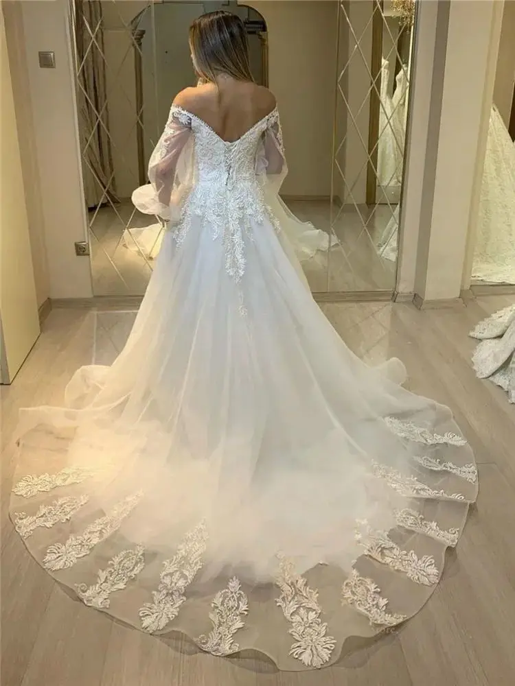 Vestido de casamento com decote em v princesa, mangas longas, ombro, laço nas costas, vestidos de noiva de tule, Aso Ebi