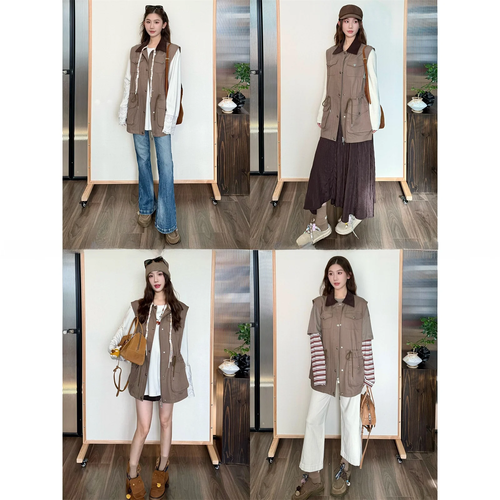 

Xie Wild Trace Autumn Season Workwear Sle Multi-ket Waist-Cinched Layering Vest Jaet