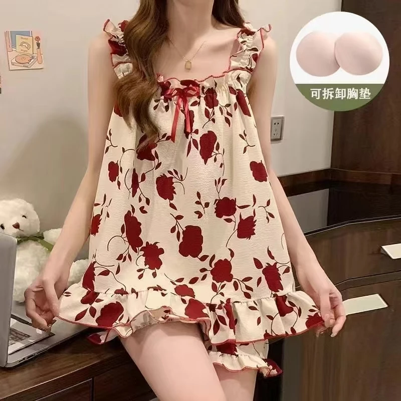 

Women's summer new style pajamas with chest pads, wrinkled fabric camisole home wear two-piece set, sweet and cute
