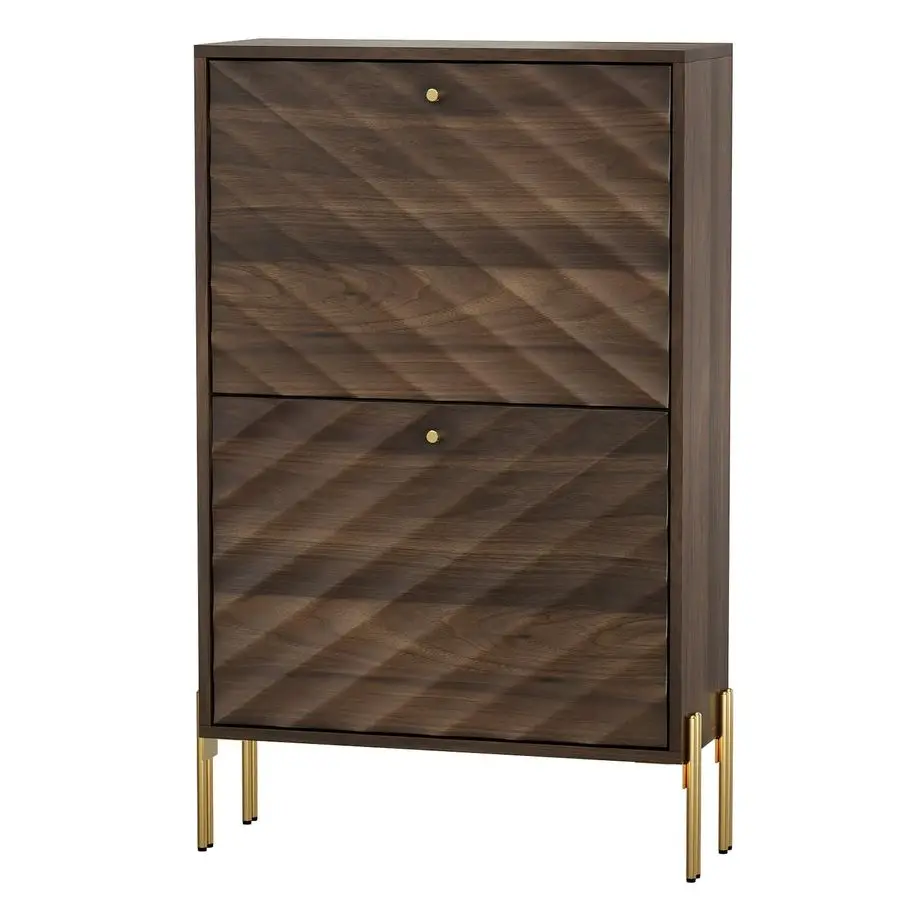 

Шкаф для хранения с текстурированными диагональными полосами на дверцах, 2 откидных ящика, узкий шкаф для обуви из орехового дерева для прихожей, отдельно стоящий