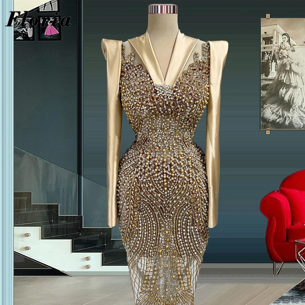 

Dubai Mermaid Celebrity Dresses Tea Lenght Beads Pearls Prom Dress Robes De Cocktail Custom Made Long Sleeves Evening Dresses