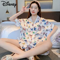 Disney Stitch Kawaii Sleepwear Women's Summer Ice Silk Short Sleeved Shorts Set Harajuku 2000s Home Wear Pajamas Y2k Pijama Girl