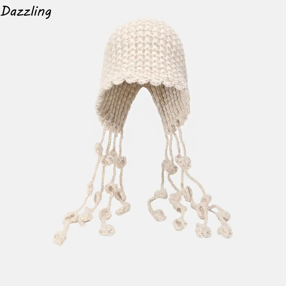 

Cute Tassels Crochet Knitted Hat Hollow Out Handmade Knit Cap Bohemian Style Korean Tassel Beanies Outdoor