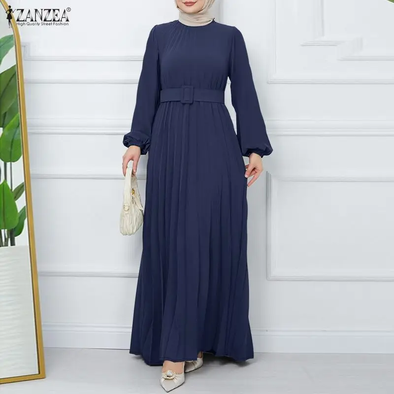 

Muslim Women's Modest Belted Pleated Long Dress O-Neck Long Sleeve Maxi Dresses ZANZEA Islamic Hijabis Eid Abaya Robes Femme