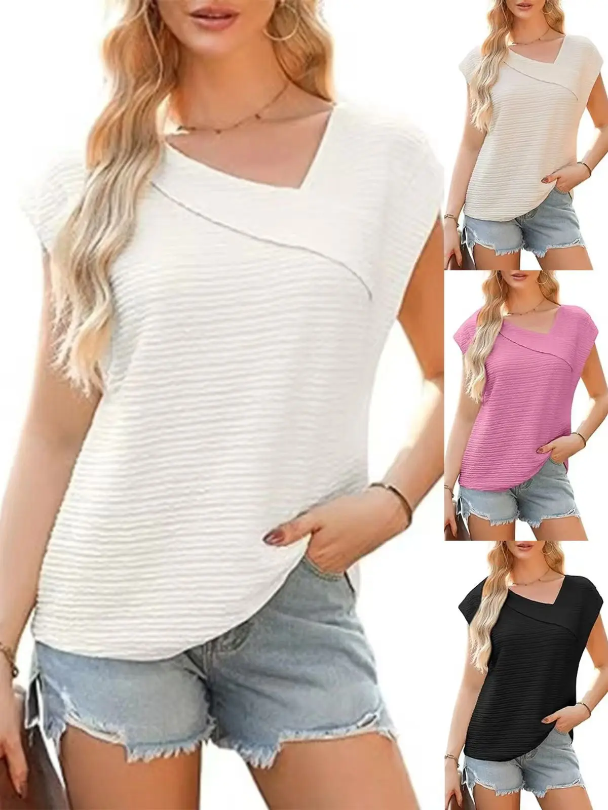 

2026 New Arrival Women Asymmetric Neck Short Sleeve Fashion Casual T-Shirt Tops