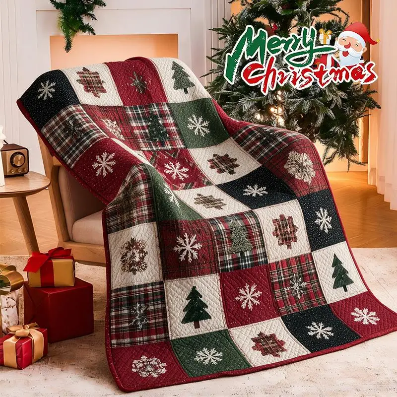Traditional Christmas Patchwork Flannel Blanket Festive Home Decor Soft Warm Red And Green Pattern Blanket Machine Washable