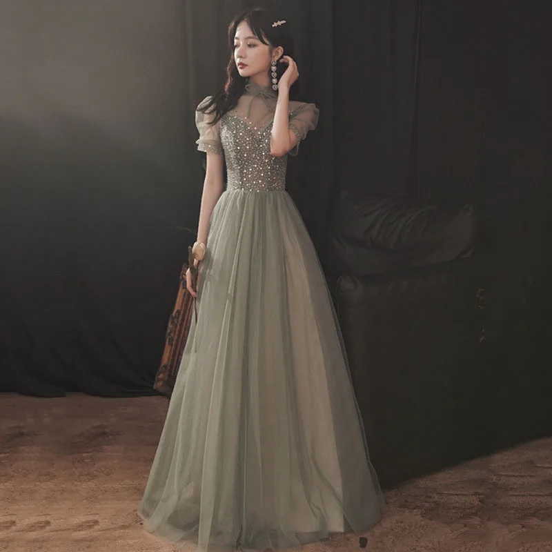 Green Half High Neck Evening Dress Fairy Fantastic Forest Style Banquet Spring Summer 2024 New Elegant Host Long Style Dresses