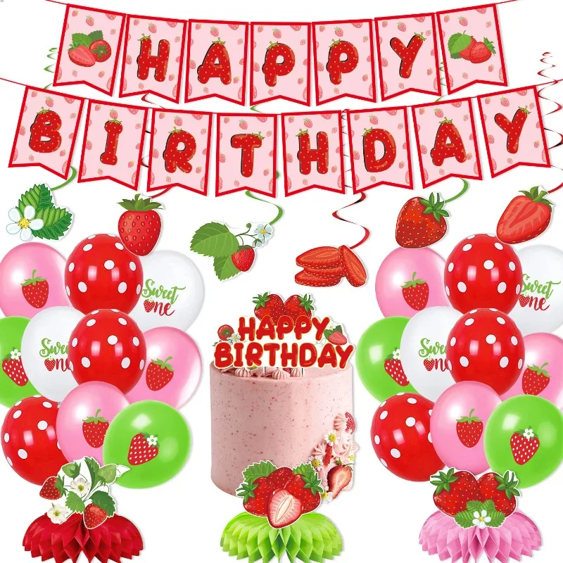 

Strawberry Theme Birthday Party Decorations Set with Honeycomb Balloons Spiral Banner Happy Birthday Sign Backdrop Booth Props