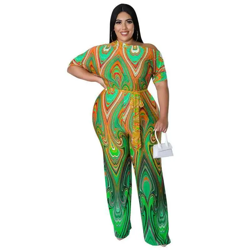 

Plus My928 Size Women's 2025 Summer New Product Slanted Shoulder Ethnic Style Positioning Printed Jumpsuit