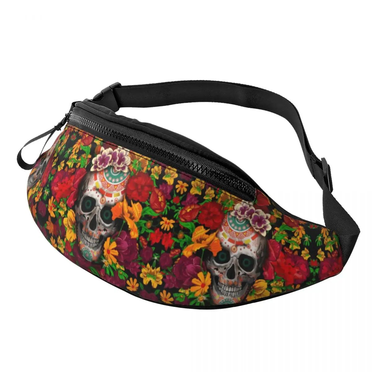 Riñonera de calavera de azúcar con flor para hombre y mujer, bolsa de dinero para teléfono para correr