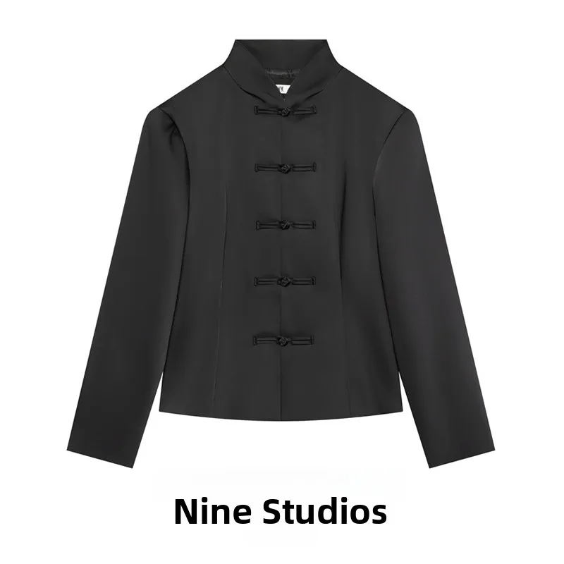 Nine Zar Women's Satin Feel Jacket Coat Pure Color Rope Knot Decorated Stand Collar Long Sleeve Winter Fashion Outerwear
