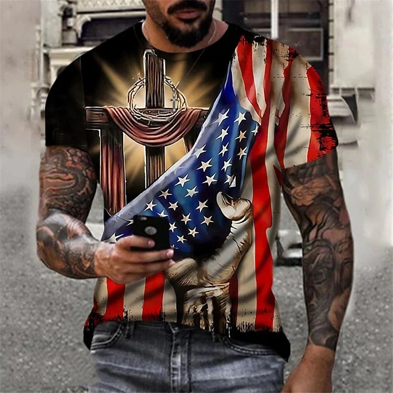 Camiseta con patrón de Jesucristo para hombre, camisetas de manga corta con estampado 3D de bandera americana, camisetas holgadas informales de verano con cuello redondo