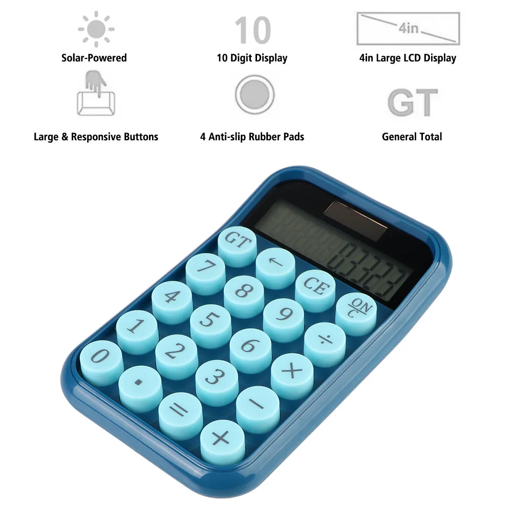 Solar & Battery Dual Power Desktop 10 Digits Solar Calculator Round Buttons Student Office Supplies Large LCD Display Portable