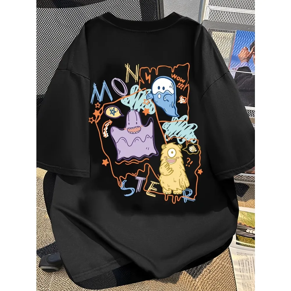 

Whimsical Monster Graphic Tee 100% Cotton Comfortable Outdoor Shirt Cartoon Print Loose Fit Funny Weekend Adventure Top