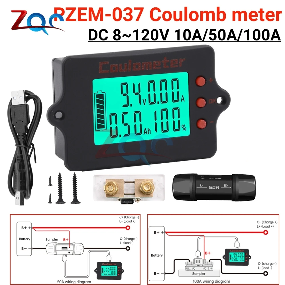 8V-120V 10A/50A/100A Coulomb Counter Meter Full Battery Tester with LCD Voltmeter and Capacity Indicator Battery Monitor