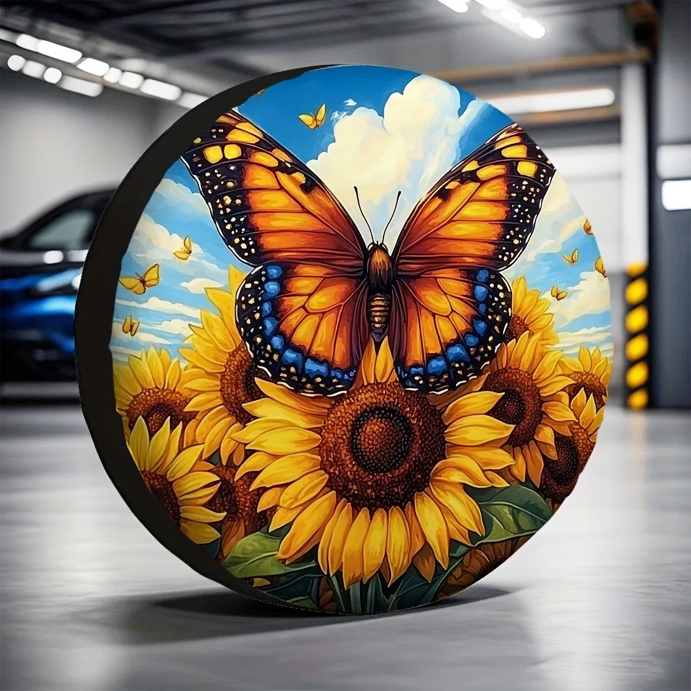 Butterfly Sunflower Tire Cover Durable Polyester Spare Wheel Protector for SUV Truck