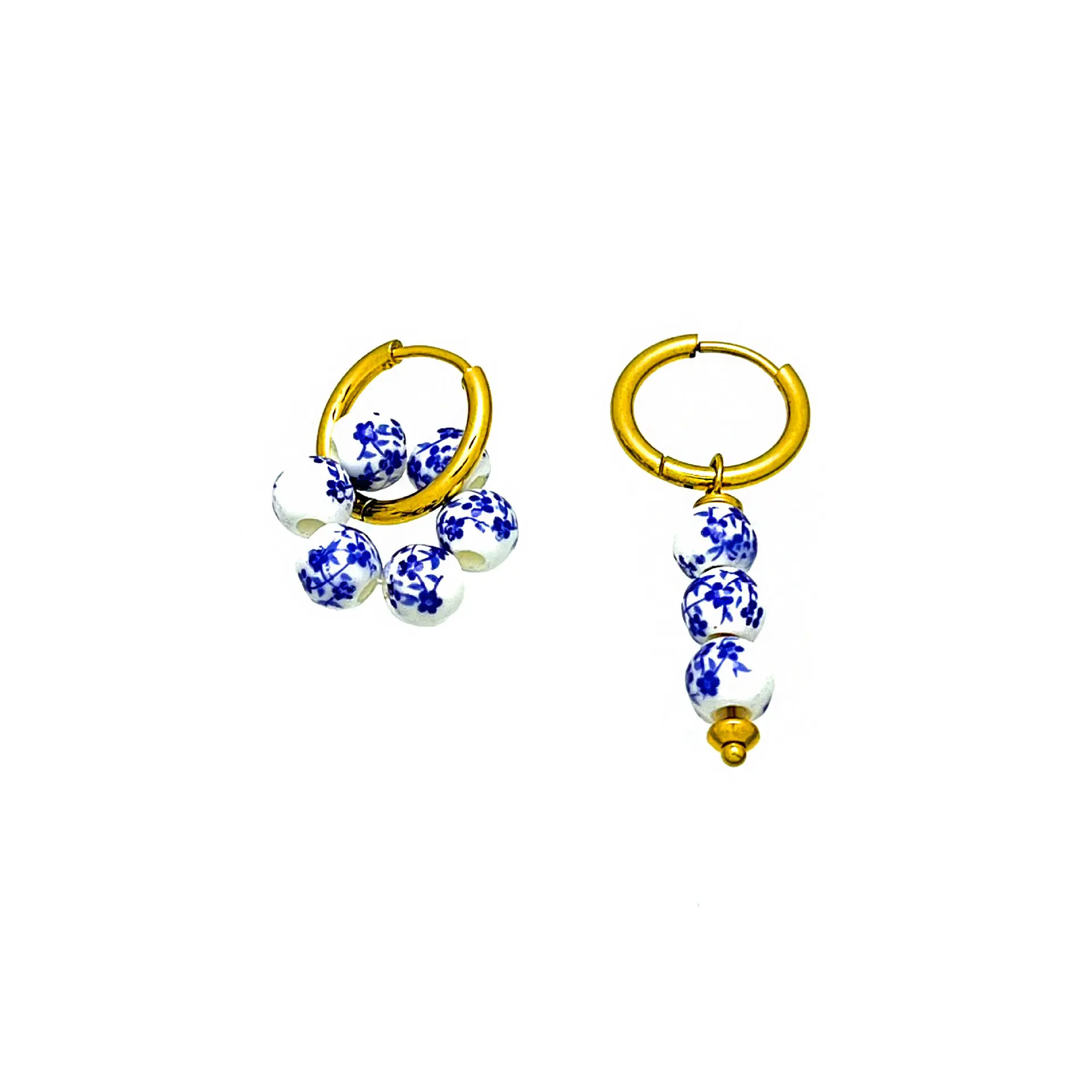 Asymmetric Blue White Flowers Heart Pearl Ceramic Beads Drop Dangle Earrings for Women Beaded Stainless Steel Huggies Earrings