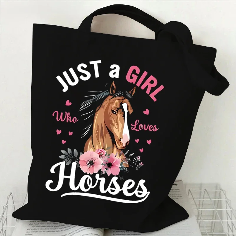 Women's Tote Bag Just A Girl Who Loves Horses Print Canvas Large Capacity Shopping Bags Horse and Flower Commuter Shoulder Bag