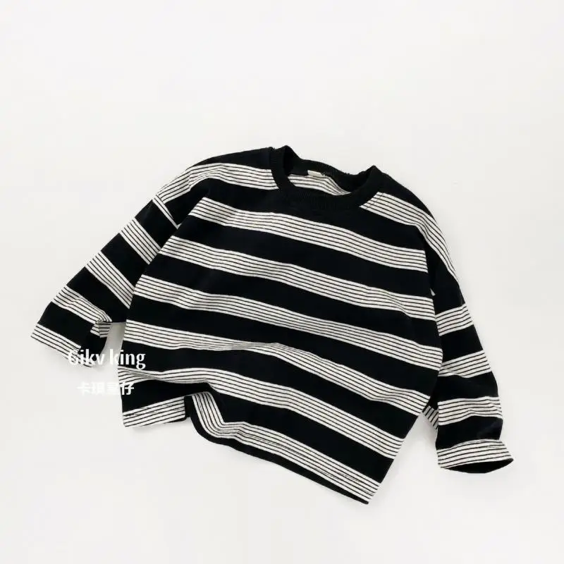 

2026 Spring New Children Long Sleeve T Shirts Cotton Boys Loose Casual Tops Toddler Girls Striped Bottoming Shirts Kids Clothes