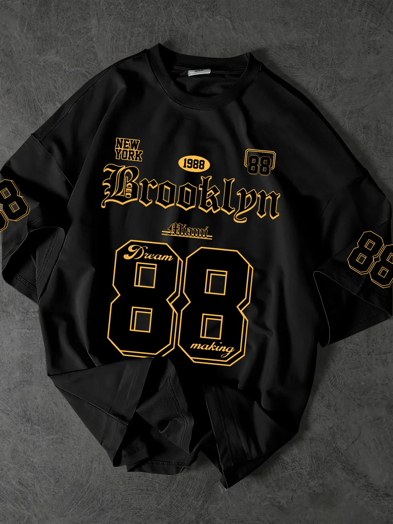 Men Brooklyn 88 1988 Letter Graphic Print O-Neck T-shirt Loose Oversized Short Sleeve Top Summer Street Machine WashableClothing
