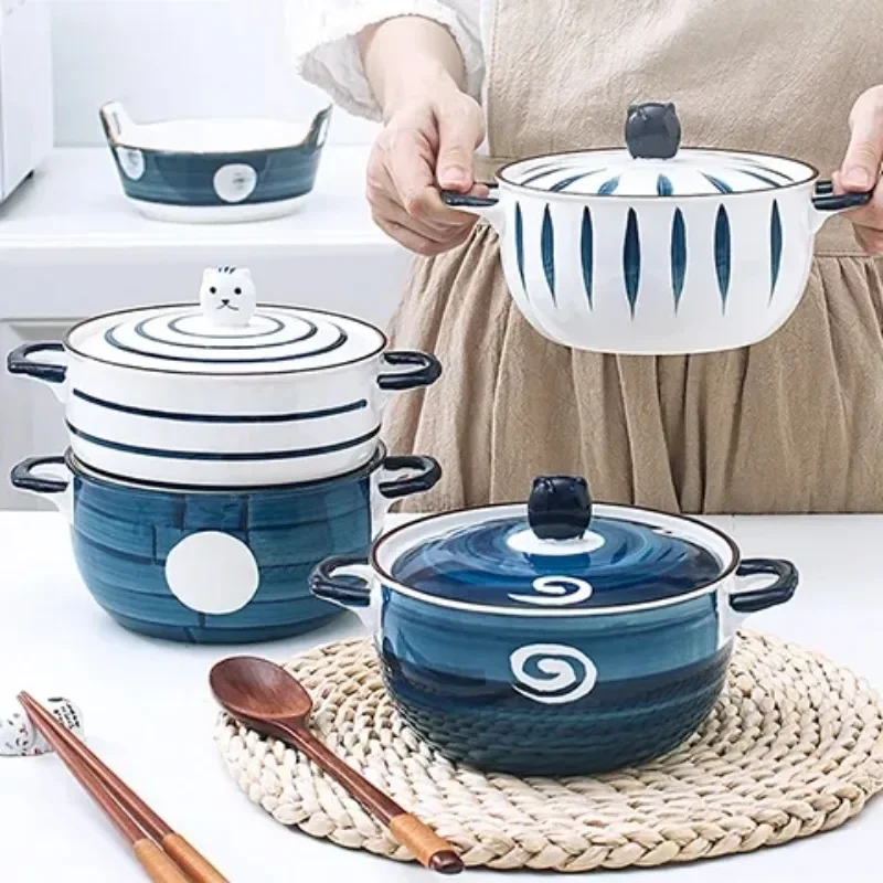 

Creative Ceramic Noodle Bowl with Lid Hand-painted Soup Bowl Double Ear Anti-scalding Tableware Pot Dessert Fruit Kitchen Tool