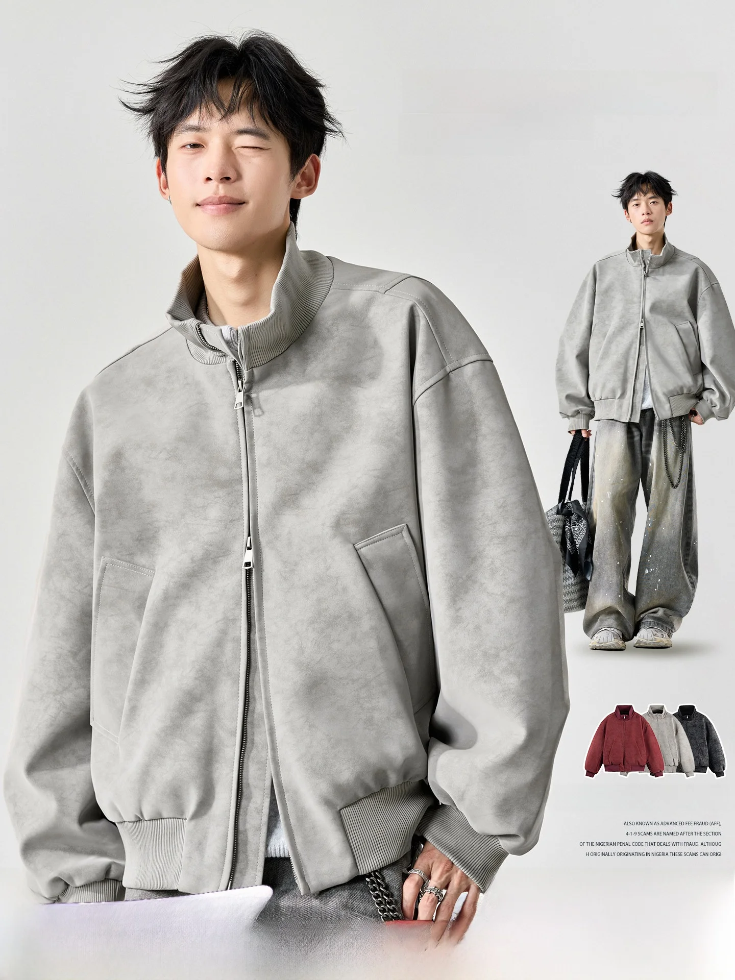 

American Cleanfit Dyed PU Leather Biker Jaet ort Loose Fit Stand Collar Workwear Outerwear for Men Youth Faion