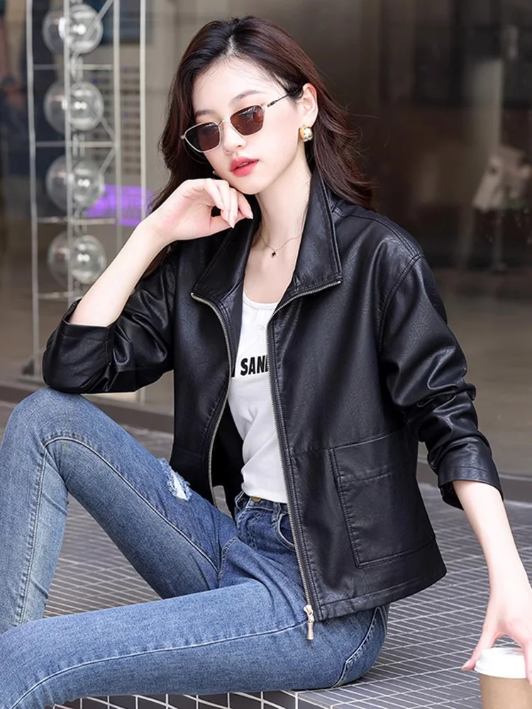 New Women Short Leather Jacket Spring Autumn Fashion Stand Collar Zipper Fly Casual Loose Black Coat Split Leather Outerwear