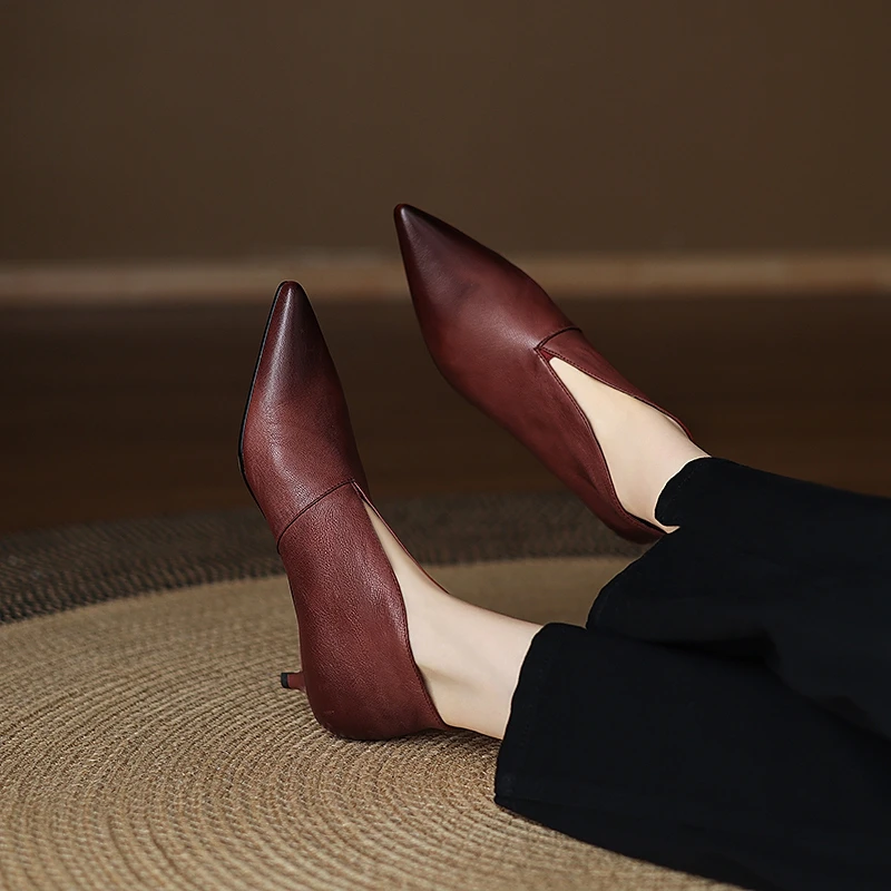 

Women's New Spring and Autumn Genuine Leather Sheepskin Middle Heel French Retro Deep Mouth Work Shoes Fashion Single Shoes