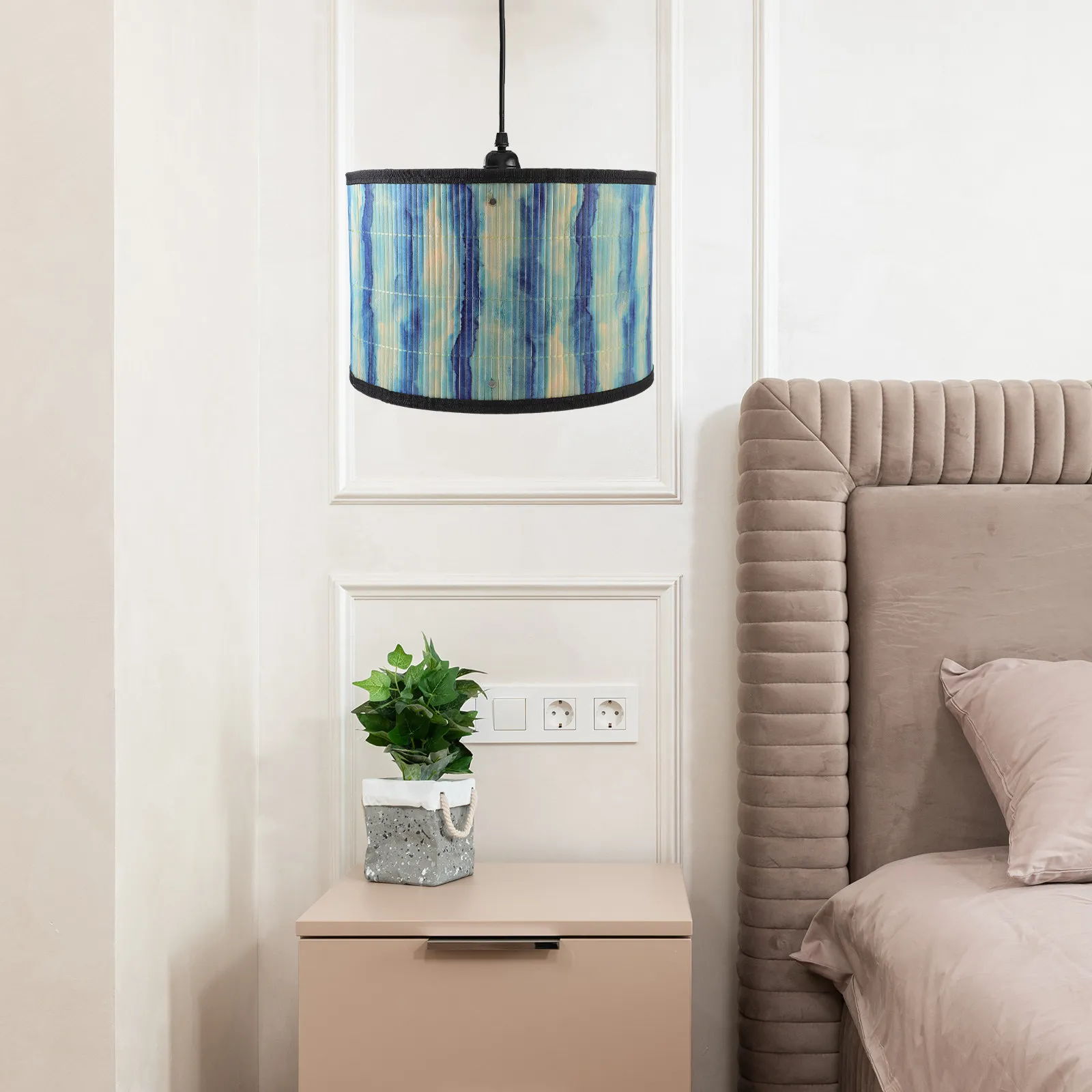 Bamboo Lamp Shade Vintage Printed Retro Design Pendant Lamp Shade Replacement for Ceiling Chandelier Hanging Light Decorative
