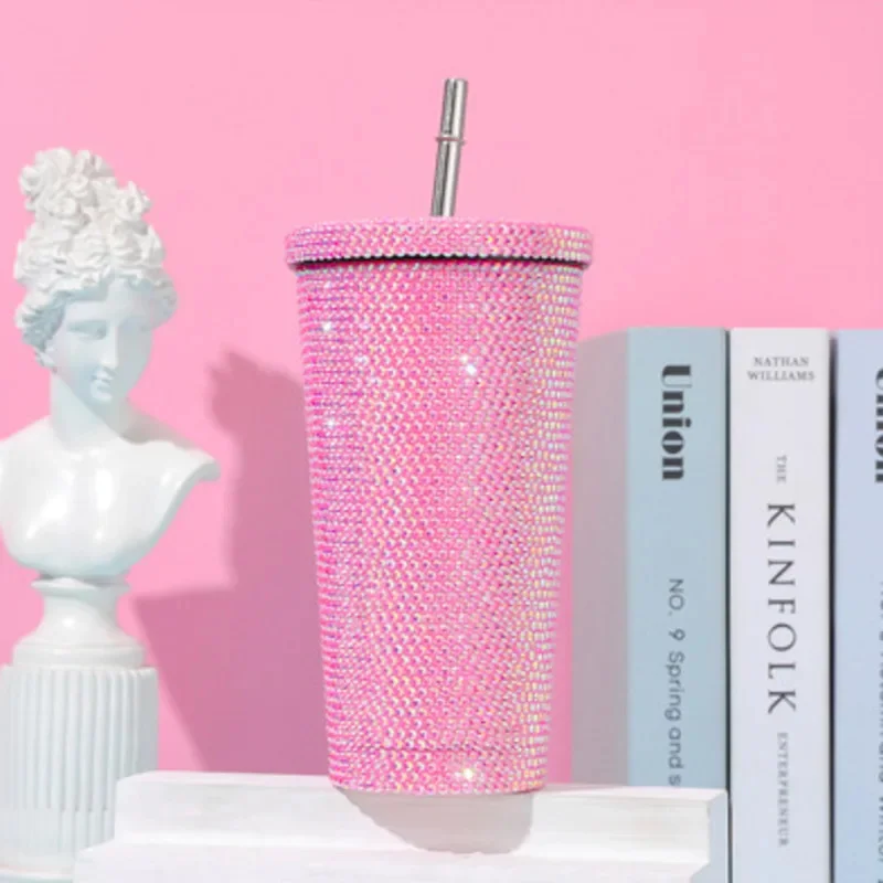 750ml Straw Cup with Lid Shining Rhinestone Stainless Steel Double Layer Thermos Cups Women Glitter Cup Water Bottle Xmas Gifts