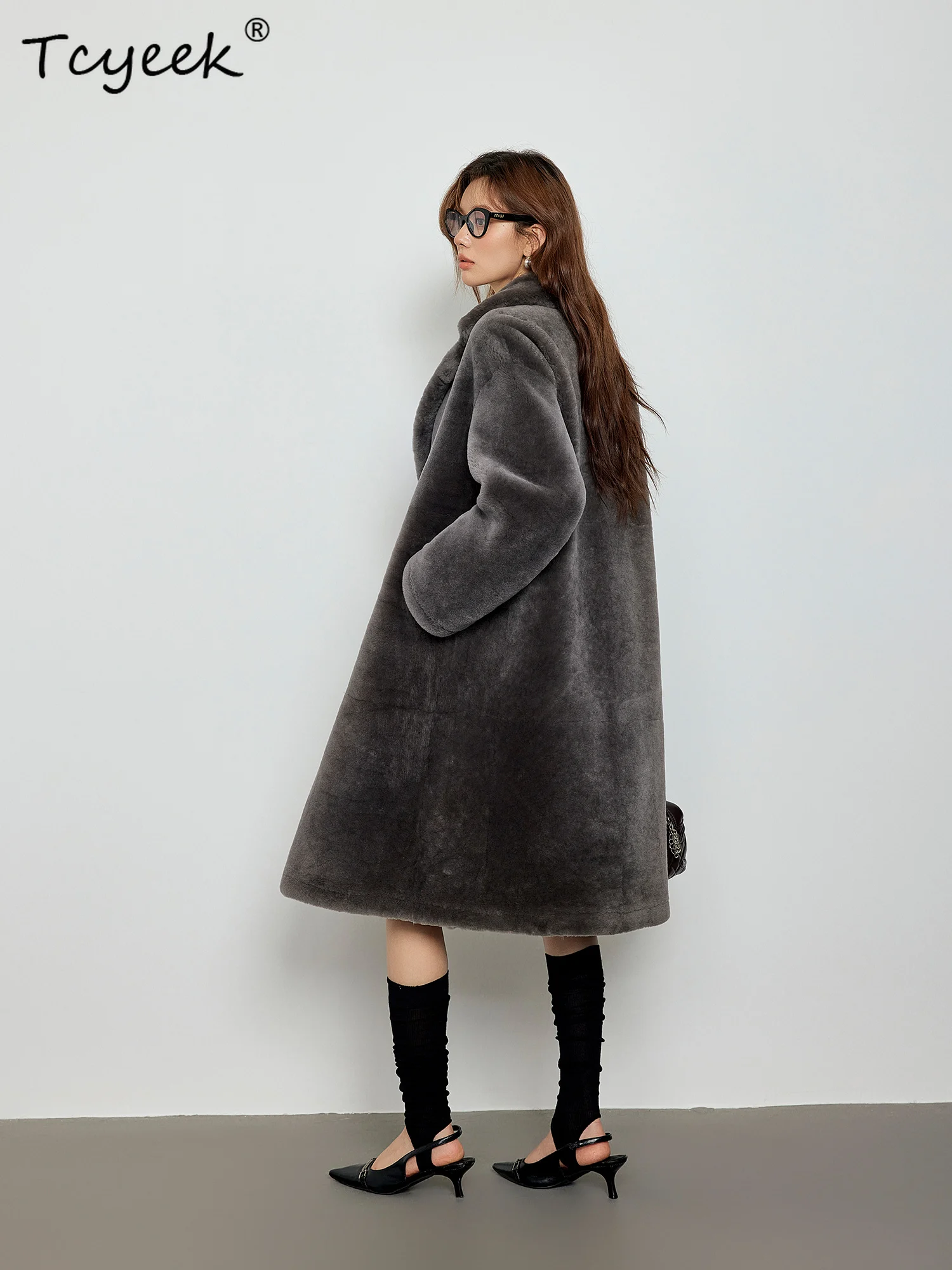 Tcyeek Genuine Leather Autumn Winter Fur One-piece Suit Collar Dark Gray Medium Length Woman Lamb Wool Fur Coat Fourrures Femme