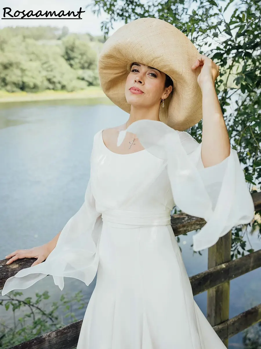 Modern Two Pieces Jumpsuits Wedding Dresses Scoop Long Sleeve Pleat Boho Country Bridal Gowns