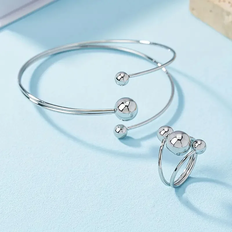 Gold and silver small ball clip large ball level bracelet ring set women's simple fashion personalized wrist finger jewelry