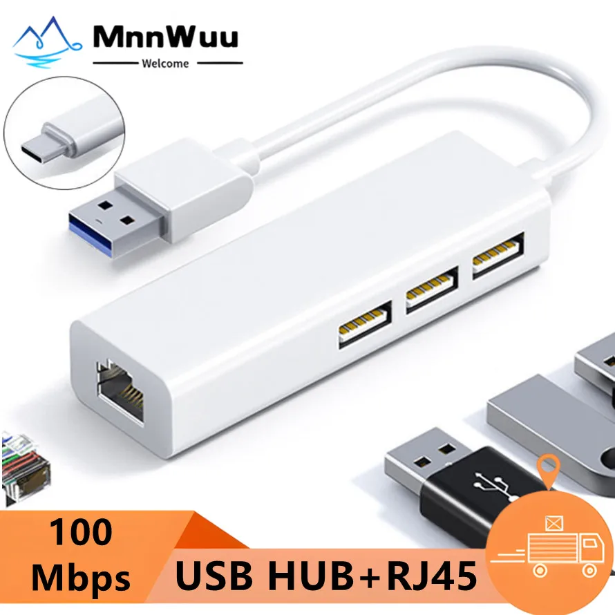 USB HUB 3 Ports USB-C HUB With RJ45 Port 100Mbps Ethernet LAN Network Adapter USB to RJ45 for PC Computer Laptop TV Set-Top BOX