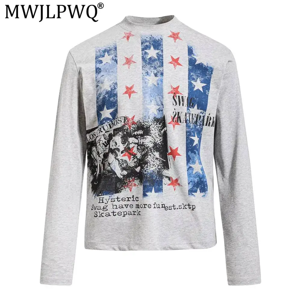 MWJLPWQ Spring Autumn Men's Long-Sleeve T-Shirt Rap Character Prints Round-Neck Casual Tops Round Collar Trendy Niche Tee 20196