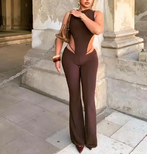 

Trendy and Personalized Sexy Round Neck Backless Sleeveless Jumpsuit and Slim Fit Flared Pants Set, Solid Color Sexy Women's Set