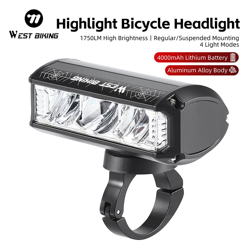 WEST BIKING Bike Light 1750 Lumens LED Wide Angle Headlights Type-C Rechargable Cycling Quick Release High Beam Cycling Lamp