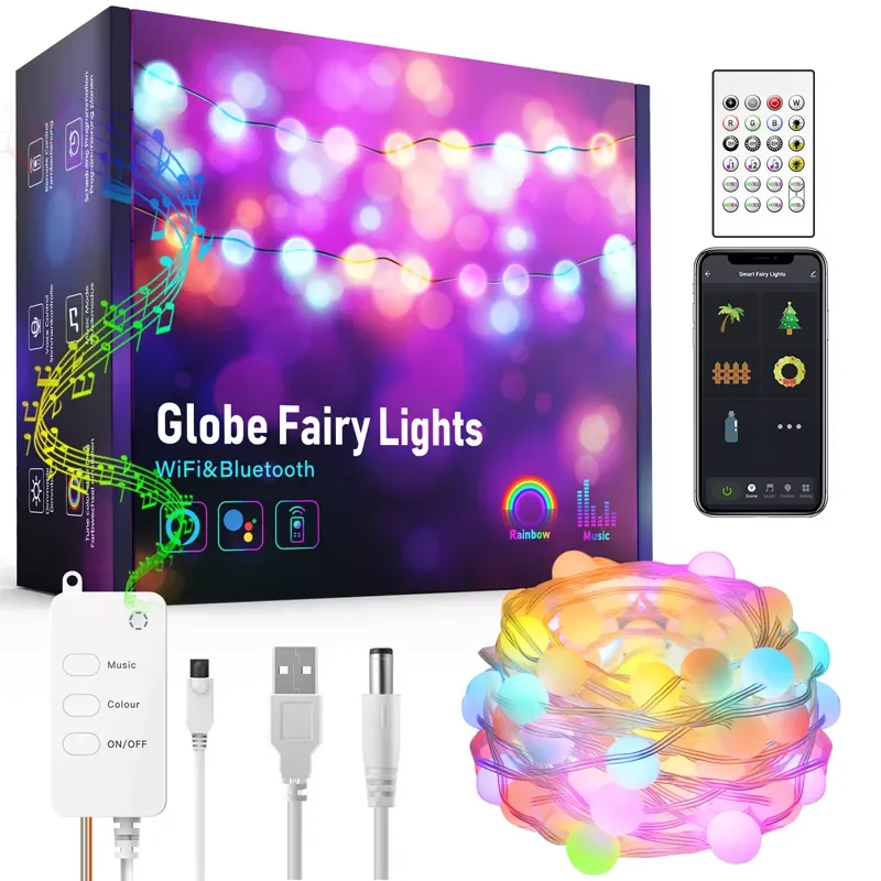 5M WIFI Bluetooth Globe Fairy Lights Outdoor RGB Garland Festoon LED String Lights Party Decor Works With Hello Fairy APP