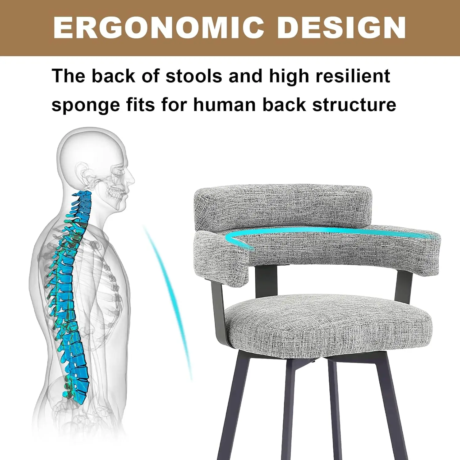 Counter Height Bar Stools with Full Back – Swivel Counter Stools Set of 2 with Linen Padded Back, Metal Footrest, Modern